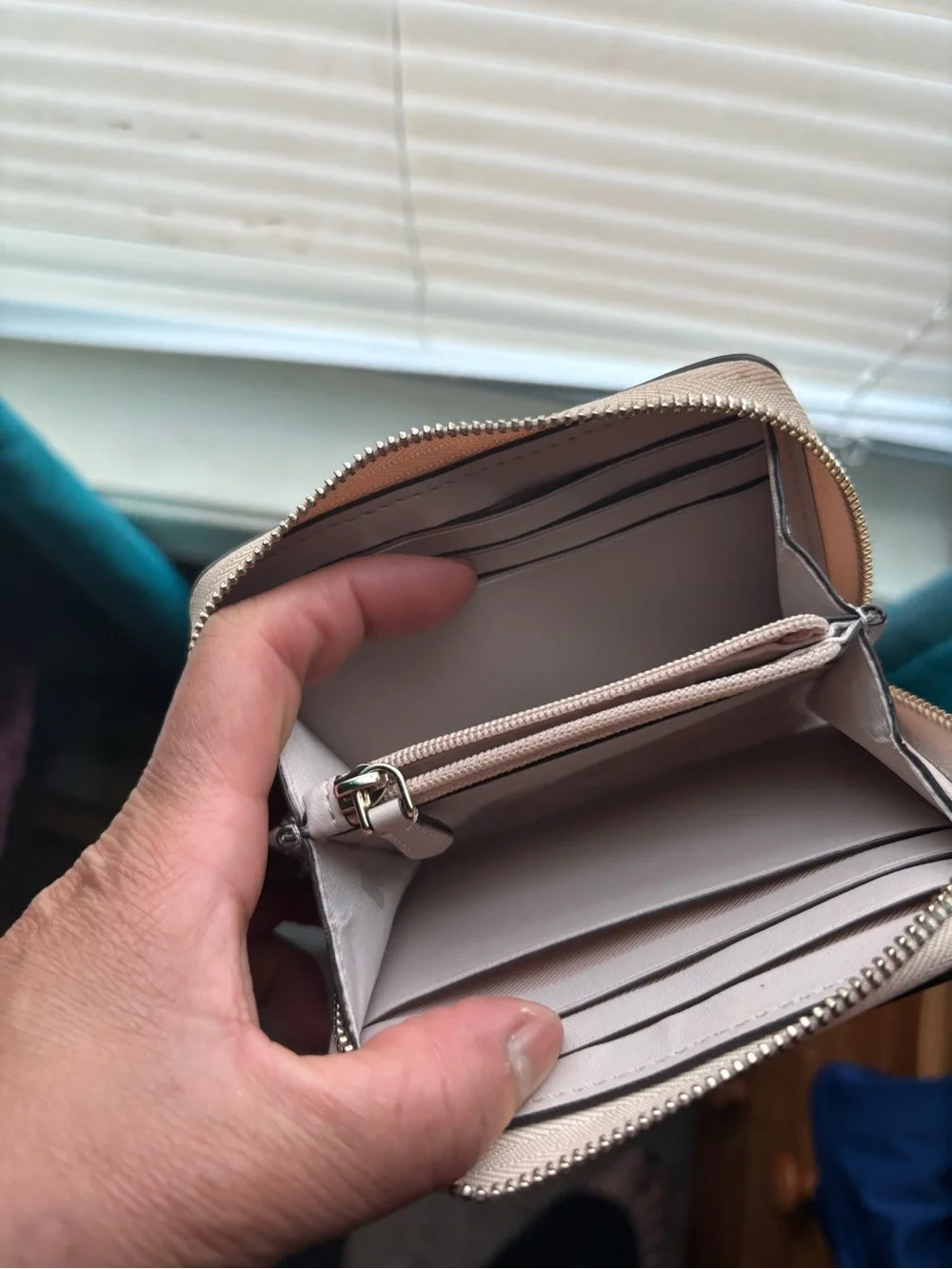 kate spade Rose Gold Metallic Zip Wallet with Purple Bow